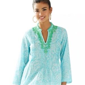 Lilly Pulitzer Sarasota Beaded Cotton Tunic Shorely Blue Sea Cups SZ XS